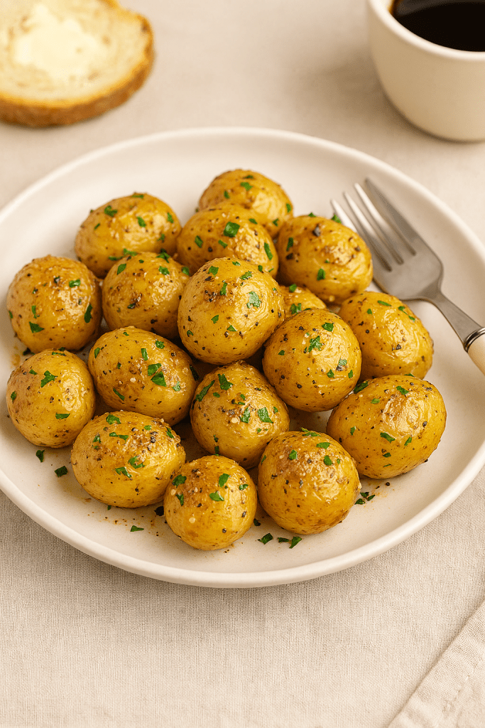 Roasted baby potatoes coated in garlic butter and sprinkled with parsley, served on a white plate with a fork and bread in the background.