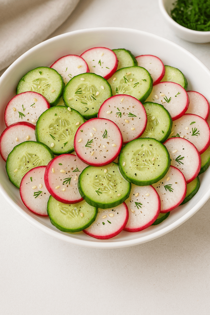 Fresh radish and cucumber salad in a white bowl, topped with sesame seeds and dill a light, healthy side dish.