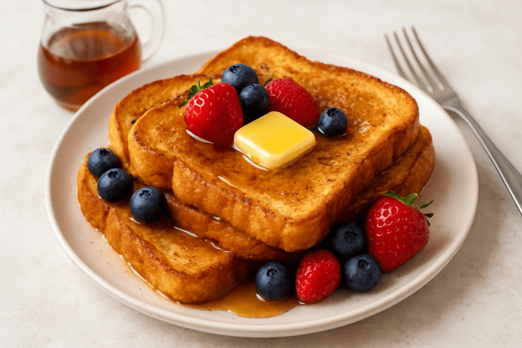 Golden-brown French toast topped with butter, maple syrup, and berries on a plate.